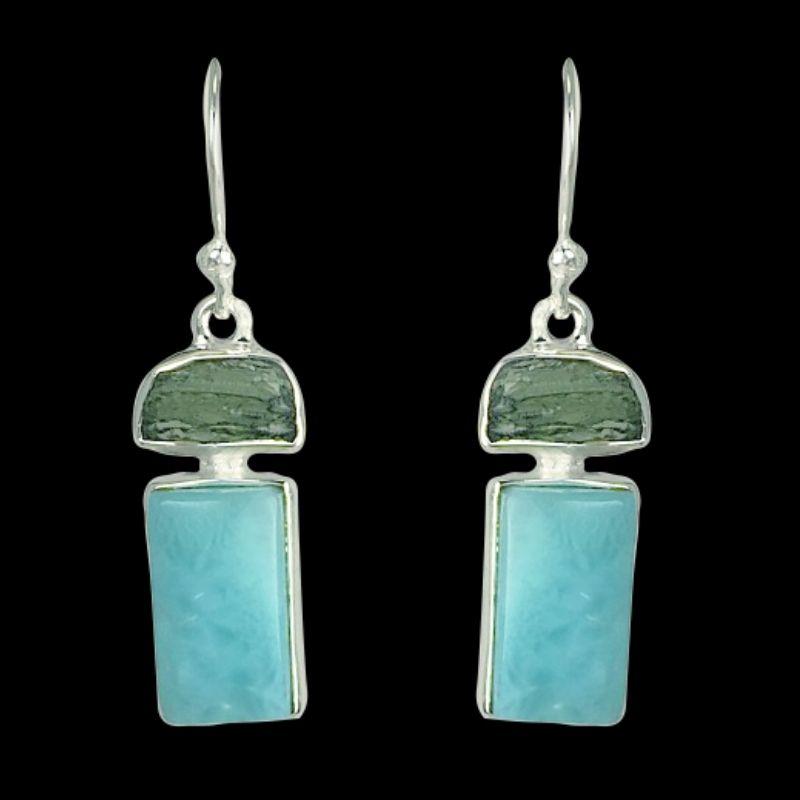 Heights and Depths- Moldavite & Larimar Sterling Silver Earrings || .925 Sterling Silver