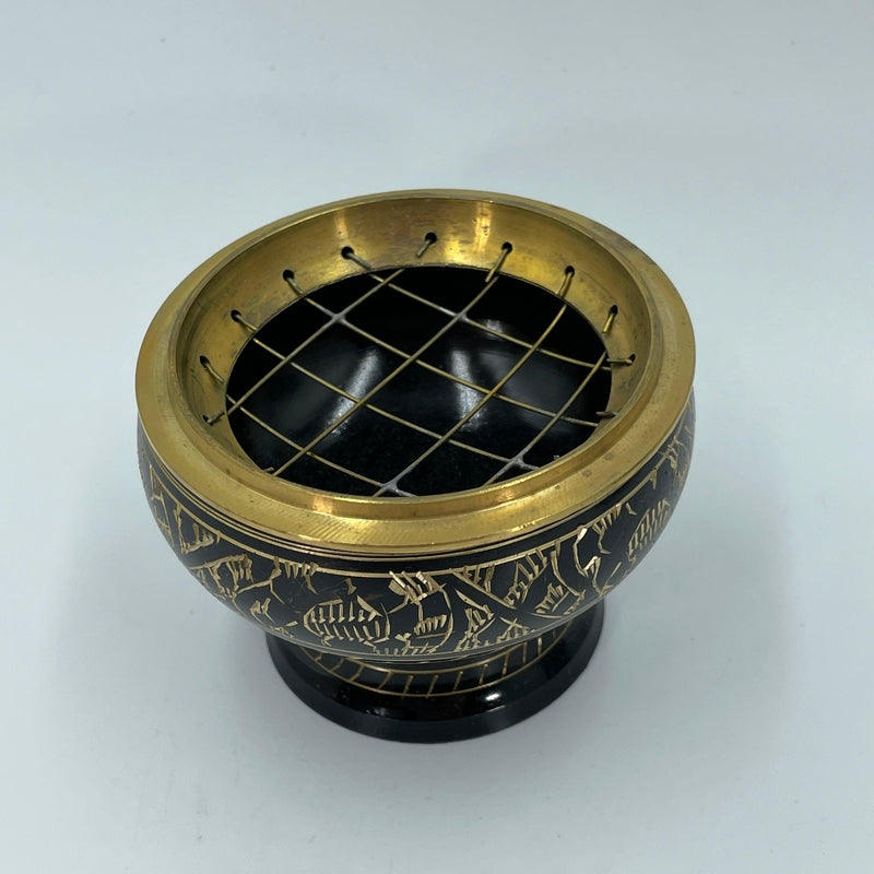 Incense Charcoal Burner Carved Brass With Screen Top || Black