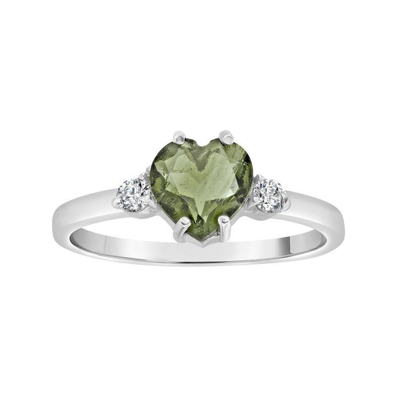 Moldavite Faceted Heart & Cubic Zirconia Ring || .925 Sterling Silver