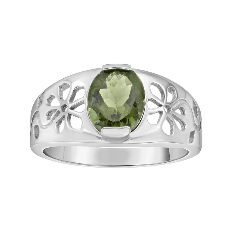 Moldavite Oval Faceted Ring || .925 Sterling Silver Flowers-Nature's Treasures