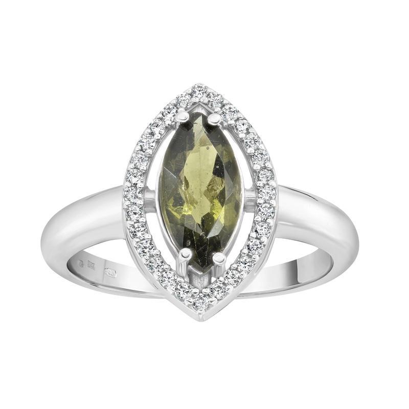 Moldavite and Cubic Zirconia Faceted Marquise Ring || Transformation || Czech Republic || .925 Sterling Silver-Nature's Treasures