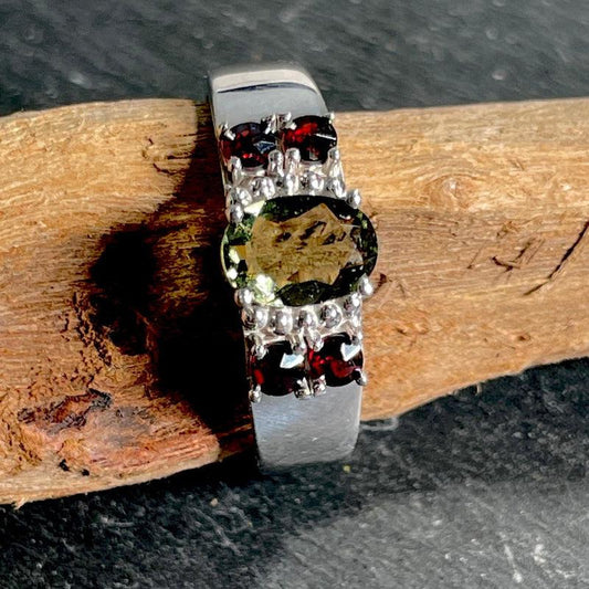 Multi-Faceted Oval Moldavite With Garnet Ring || .925 Sterling Silver-Nature's Treasures