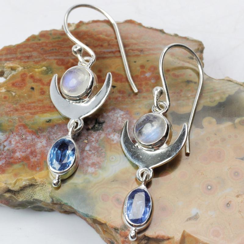 Rainbow Moonstone & Blue Kyanite Crescent Moon Earrings || .925 Sterling Silver