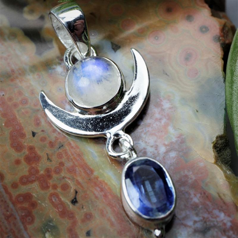 Rainbow Moonstone & Blue Kyanite Crescent Moon Pendant || .925 Sterling Silver-Nature's Treasures