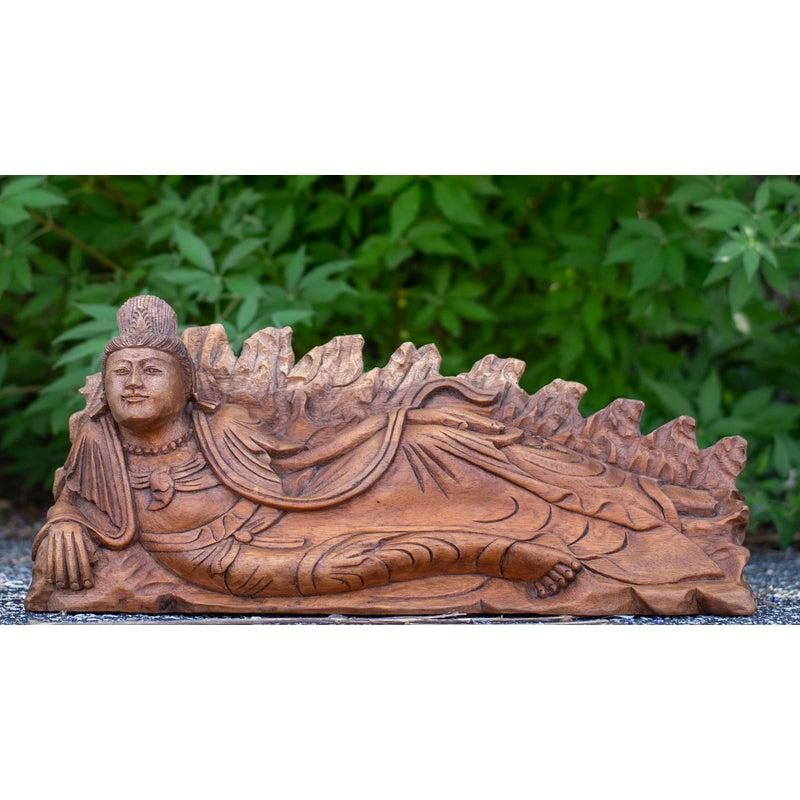 Reclining Kuan Yin Monkey Pod Wooden Hand-Carved Statue || Indonesia-Nature's Treasures