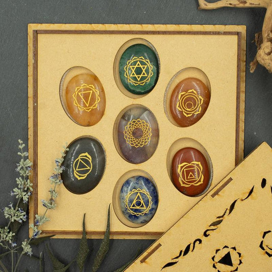 SHOW PRODUCT: Wooden Box Chakra Stone Set || Flower of life-Nature's Treasures