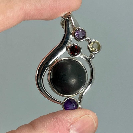 Shungite W/ Amethyst, Garnet, Citrine Crystal Pendant || Sterling Silver-Nature's Treasures