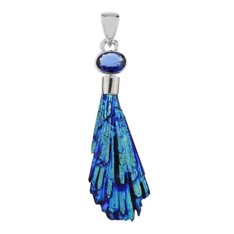 Titanium Coated Black Kyanite Fan with Blue Kyanite Pendant || .925 Sterling Silver-Nature's Treasures