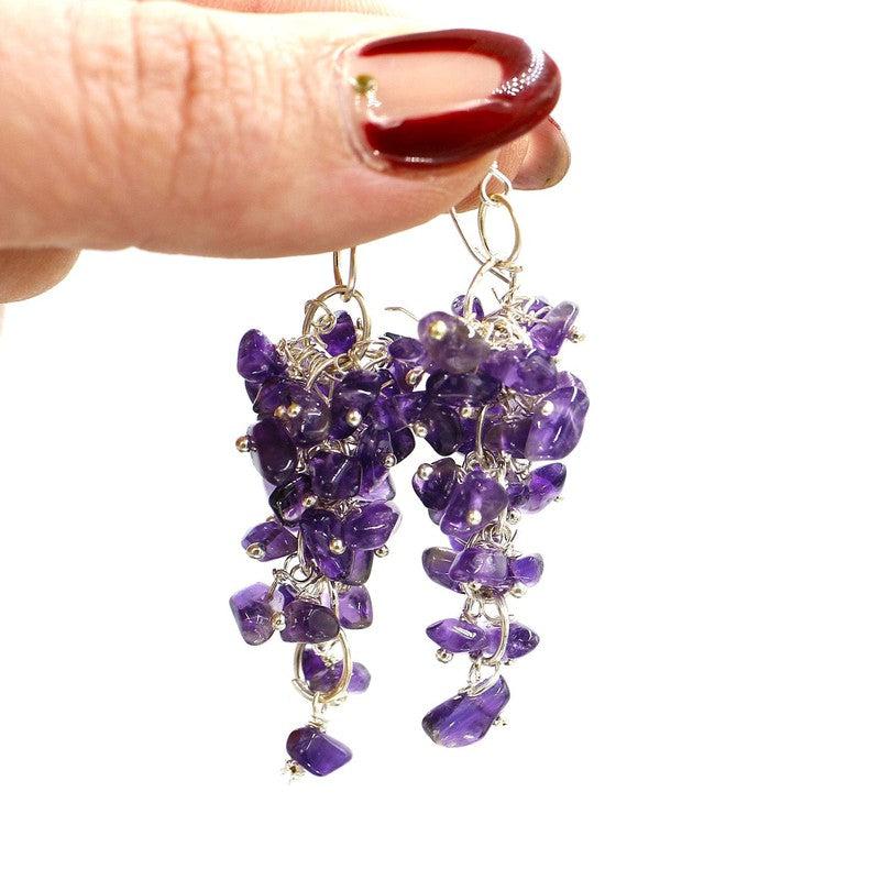 Amethyst Chandelier Chip Earrings || Silver Plated French Hook-Nature's Treasures