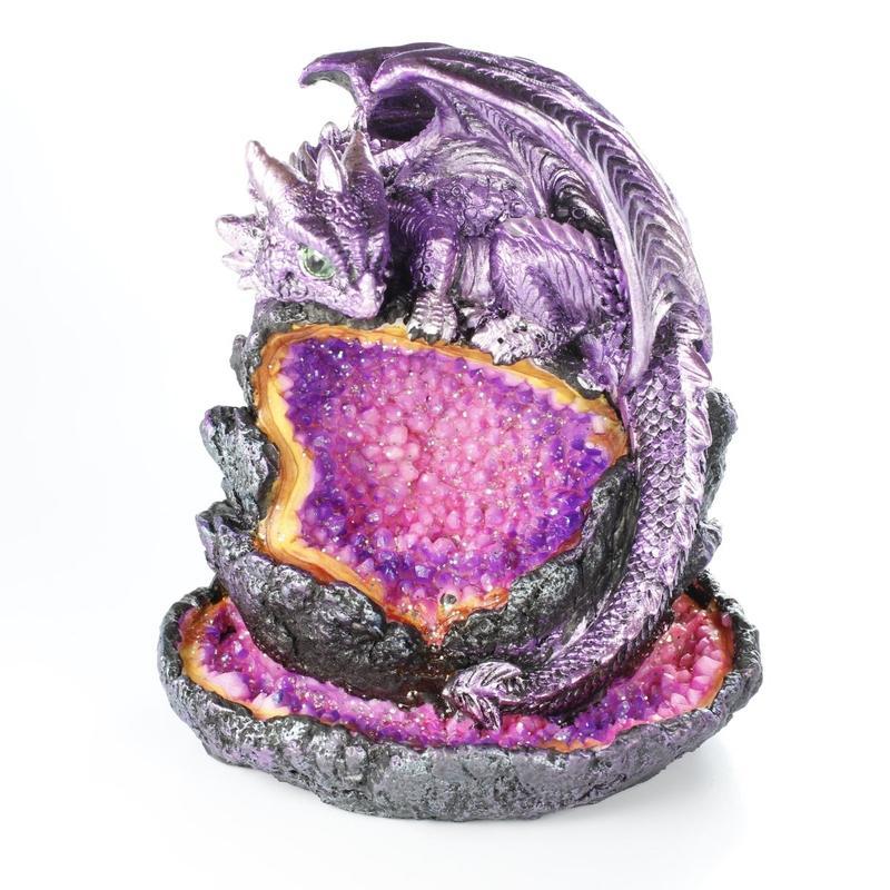 Backflow Incense Burner Purple Dragon On Geode LED