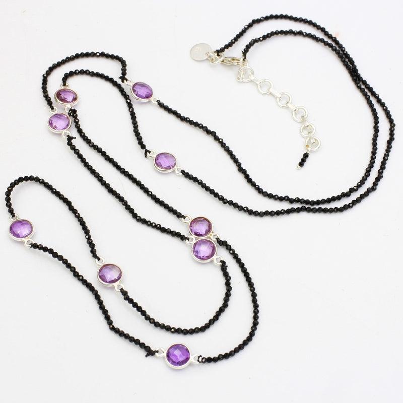Black Spinel Round Beaded Necklace With Amethyst 2mm Sterling Silver-Nature's Treasures