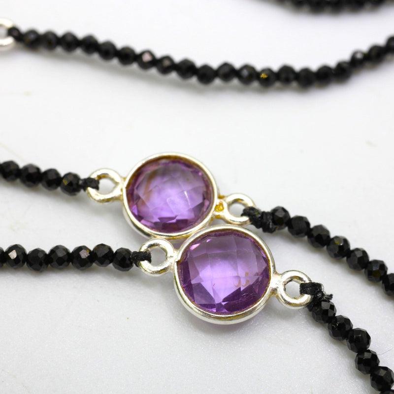 Black Spinel Round Beaded Necklace With Amethyst 2mm Sterling Silver-Nature's Treasures