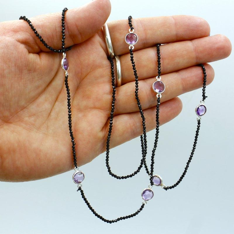 Black Spinel Round Beaded Necklace With Amethyst 2mm Sterling Silver-Nature's Treasures