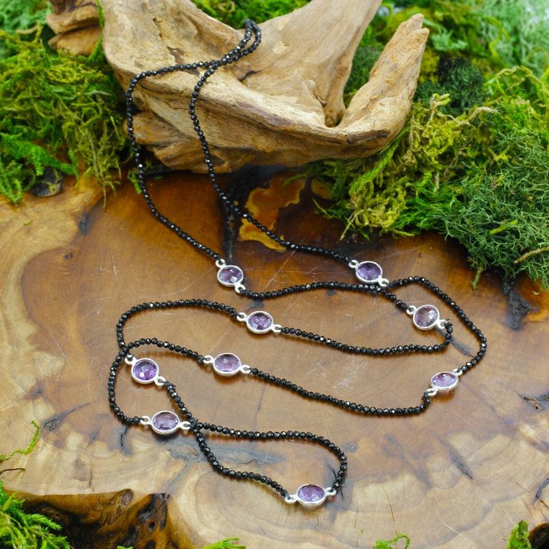 Black Spinel Round Beaded Necklace With Amethyst 2mm Sterling Silver-Nature's Treasures