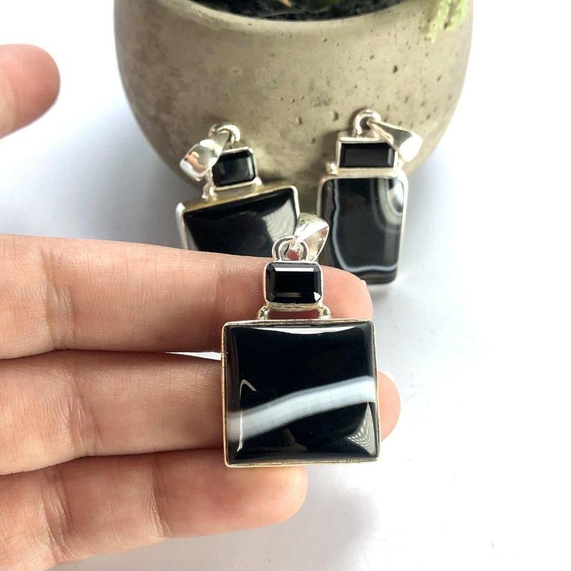 Black & White Banded Agate Pendants - Sterling Silver Unisex-Nature's Treasures