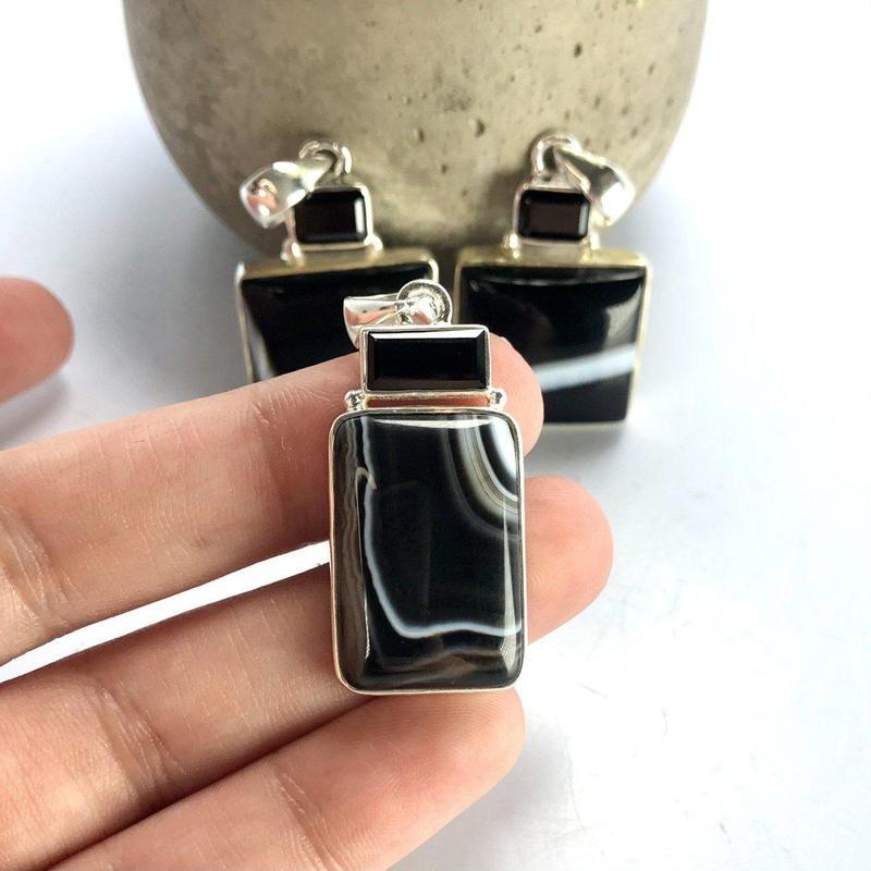 Black & White Banded Agate Pendants - Sterling Silver Unisex-Nature's Treasures