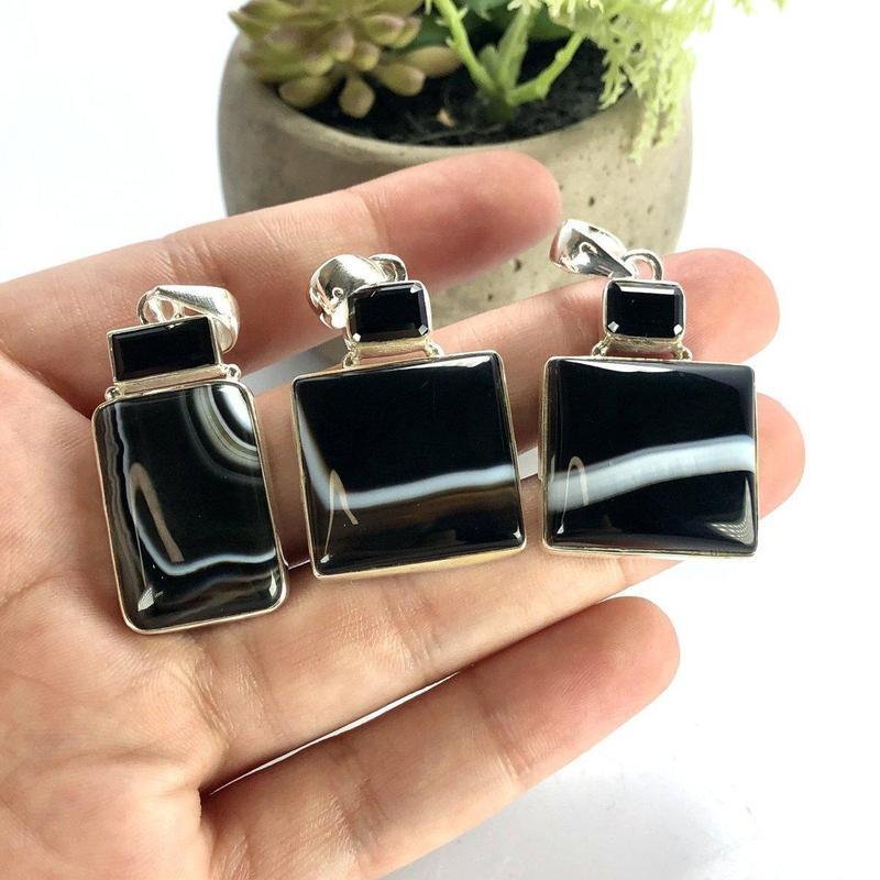 Black & White Banded Agate Pendants - Sterling Silver Unisex-Nature's Treasures