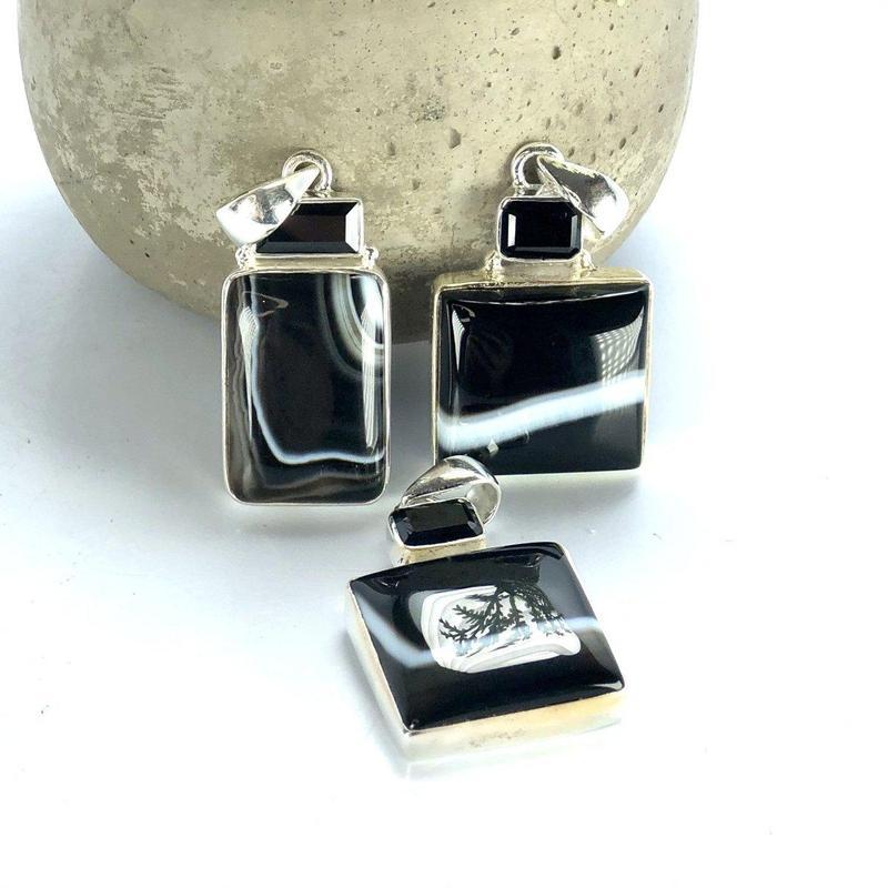 Black & White Banded Agate Pendants - Sterling Silver Unisex