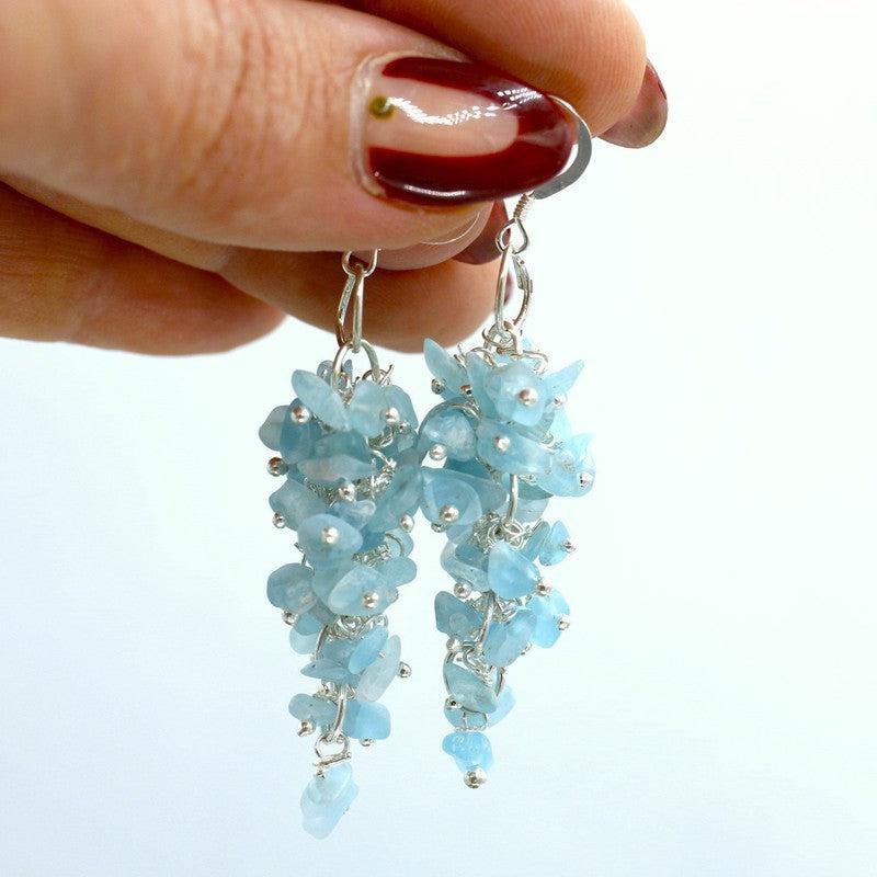 Blue Apatite Chandelier Chip Earrings || Silver Plated French Hook-Nature's Treasures