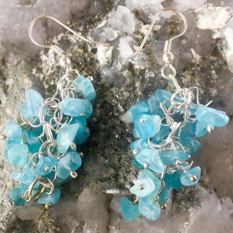 Blue Apatite Chandelier Chip Earrings || Silver Plated French Hook-Nature's Treasures