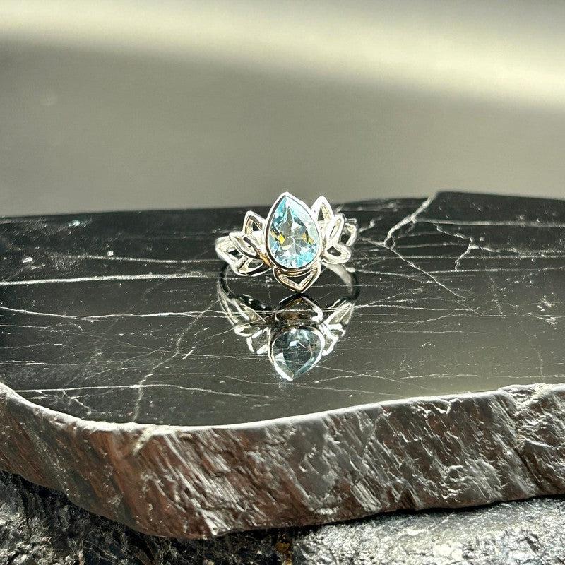Blue Topaz Faceted Lotus Flower Ring || .925 Sterling Silver-Nature's Treasures