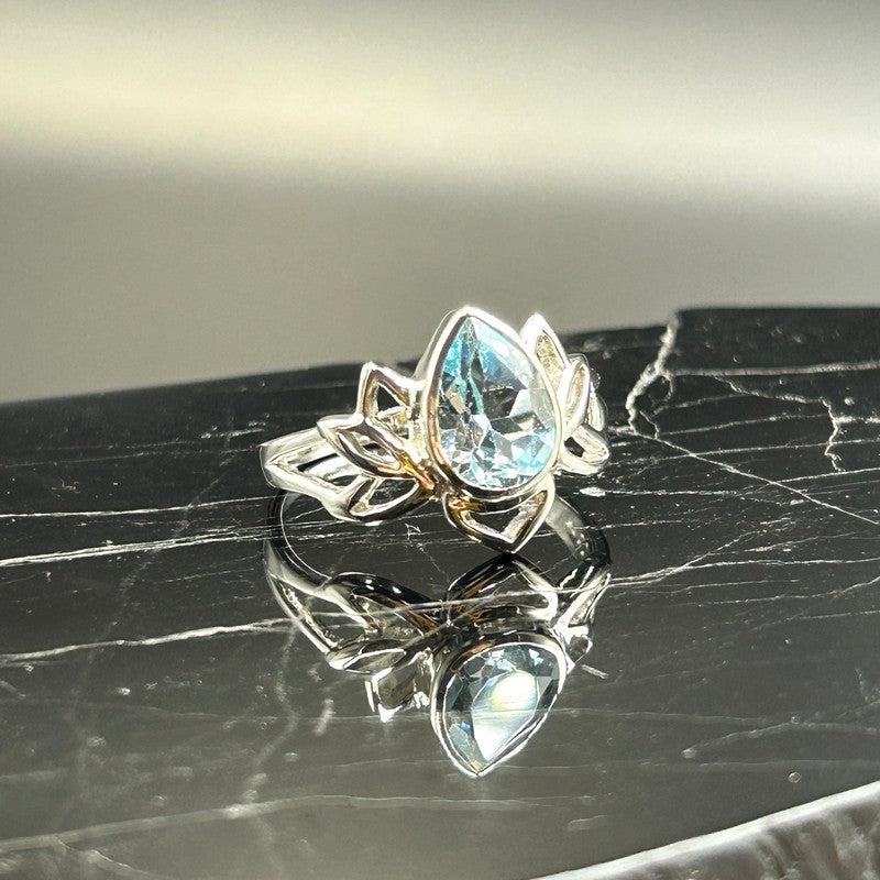 Blue Topaz Faceted Lotus Flower Ring || .925 Sterling Silver