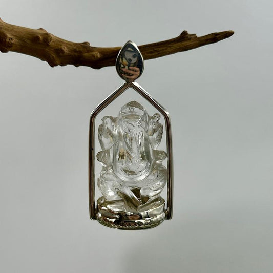 Carved Ganesh Clear Quartz Pendants || .925 Sterling Silver-Nature's Treasures