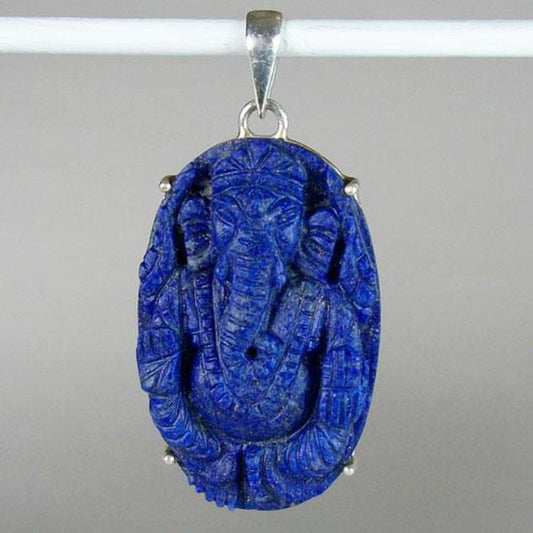 Carved Ganesh Lapis Lazuli Pendant || .925 Sterling Silver-Nature's Treasures
