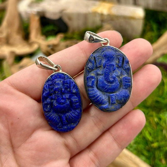 Carved Ganesh Lapis Lazuli Pendant || .925 Sterling Silver-Nature's Treasures
