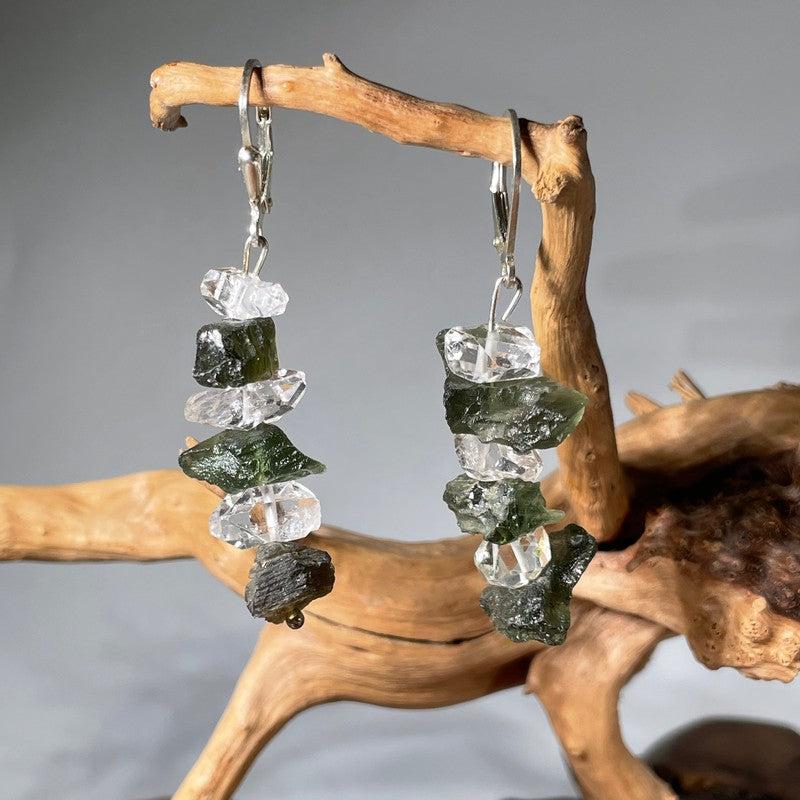 Chandelier Rough Moldavite With Herkimer Diamond Earrings || .925 Sterling Silver-Nature's Treasures