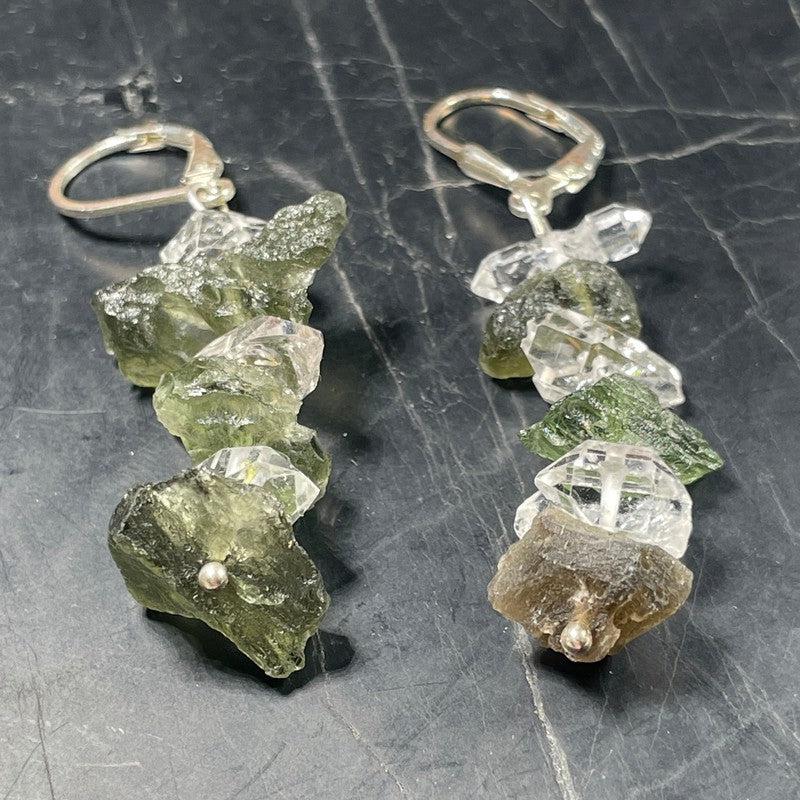 Chandelier Rough Moldavite With Herkimer Diamond Earrings || .925 Sterling Silver-Nature's Treasures