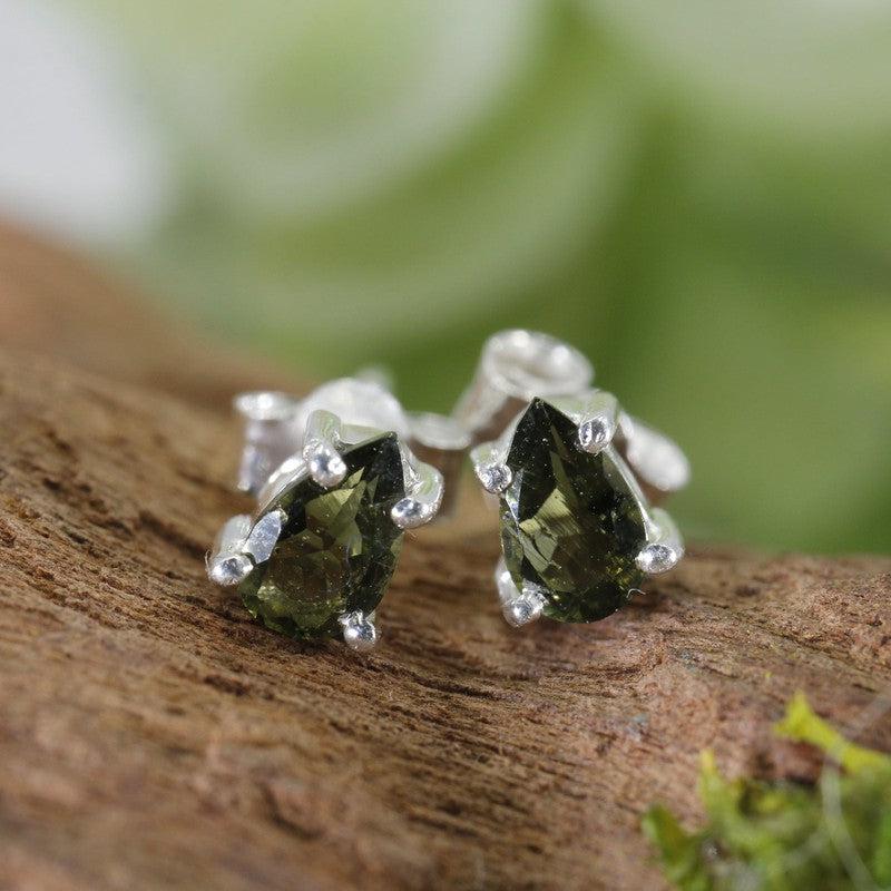 Classy Faceted Moldavite Stud Earrings || .925Sterling Silver-Nature's Treasures