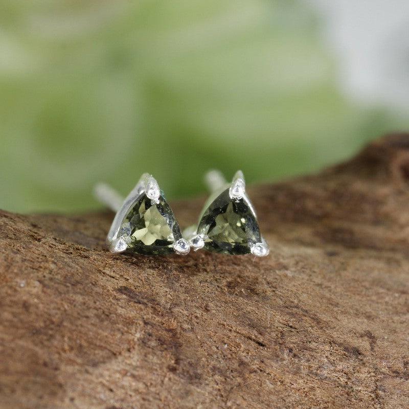 Classy Faceted Moldavite Stud Earrings || .925Sterling Silver-Nature's Treasures