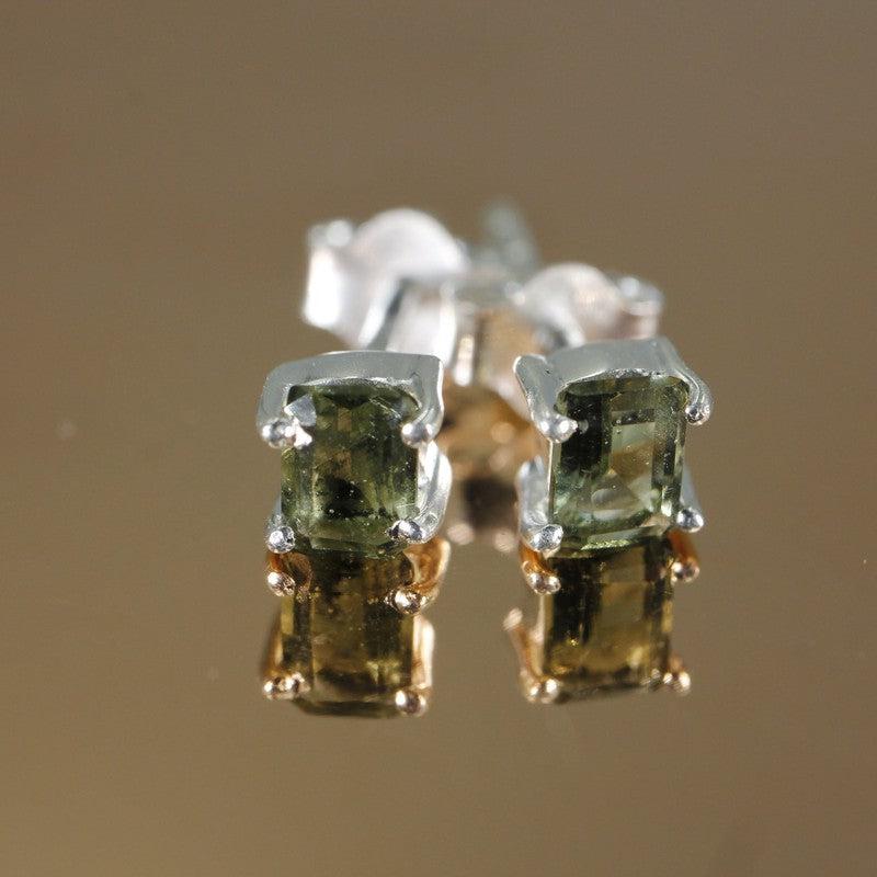 Classy Faceted Moldavite Stud Earrings || .925Sterling Silver-Nature's Treasures