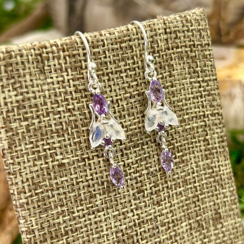 Dainty Amethyst With Rainbow Moonstone Chandelier Earrings || .925 Sterling Silver-Nature's Treasures