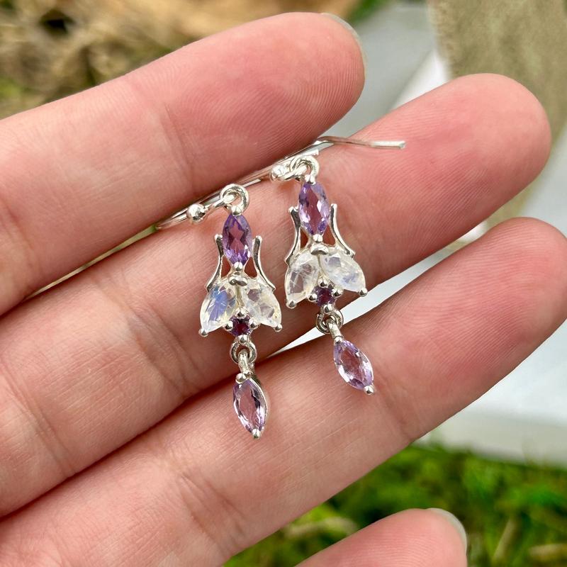 Dainty Amethyst With Rainbow Moonstone Chandelier Earrings || .925 Sterling Silver-Nature's Treasures