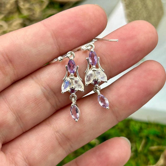Dainty Amethyst With Rainbow Moonstone Chandelier Earrings || .925 Sterling Silver-Nature's Treasures