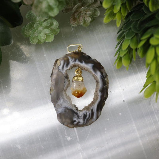 Druzy Geode Agate Slice Pendants With Gemstone point-Nature's Treasures