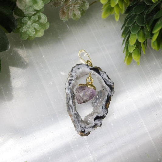 Druzy Geode Agate Slice Pendants With Gemstone point-Nature's Treasures