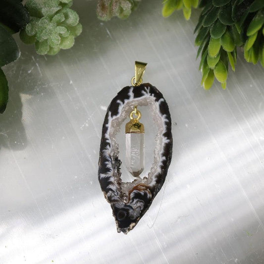 Druzy Geode Agate Slice Pendants With Gemstone point-Nature's Treasures