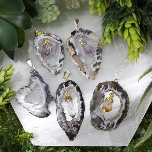 Druzy Geode Agate Slice Pendants With Gemstone point-Nature's Treasures