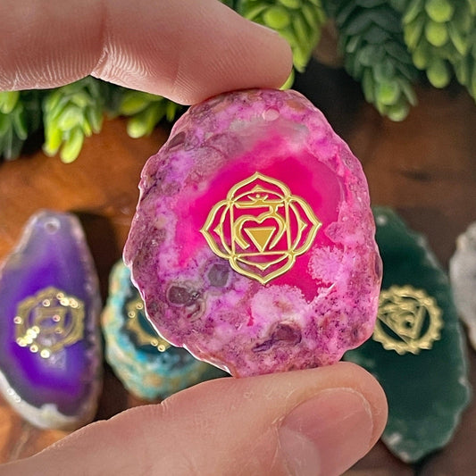 Dyed Slice Agate Chakra Set || Sanskrit and Sacred Geometry-Nature's Treasures