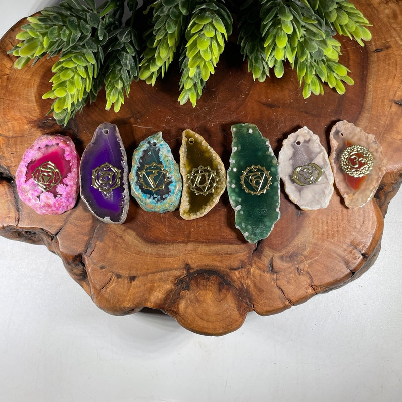 Dyed Slice Agate Chakra Set || Sanskrit and Sacred Geometry-Nature's Treasures