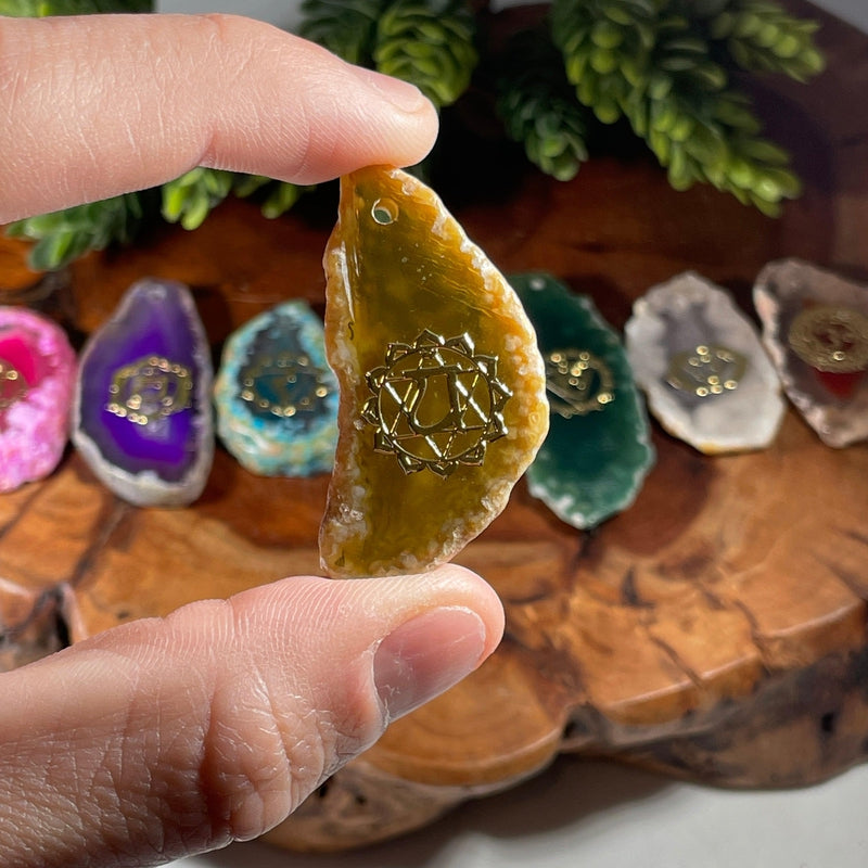 Dyed Slice Agate Chakra Set || Sanskrit and Sacred Geometry-Nature's Treasures