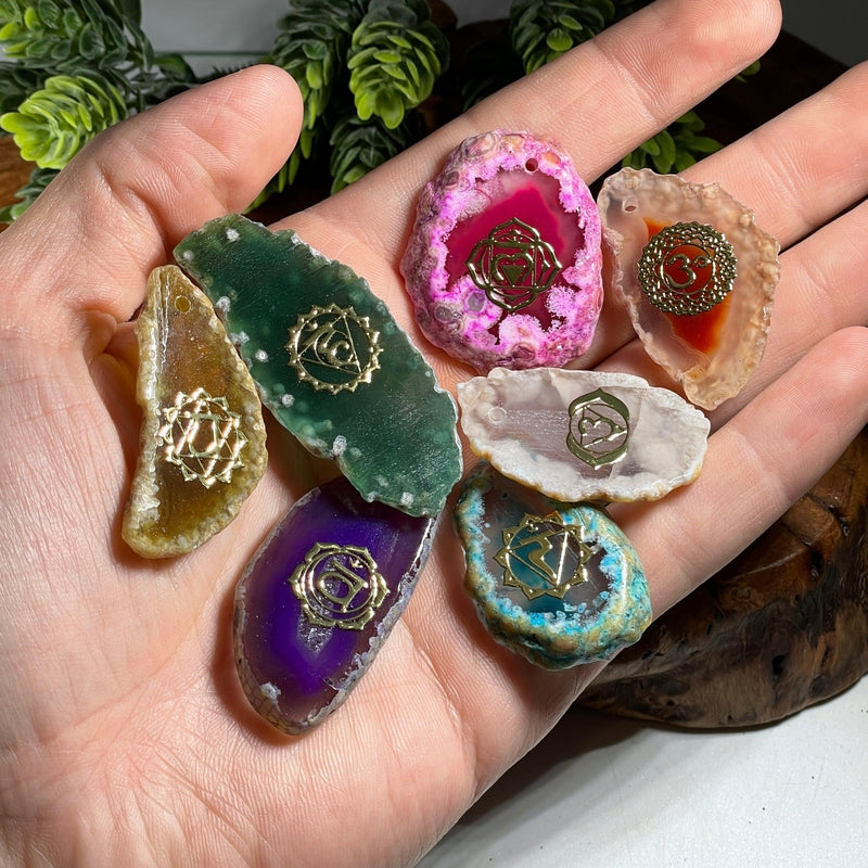 Dyed Slice Agate Chakra Set || Sanskrit and Sacred Geometry-Nature's Treasures