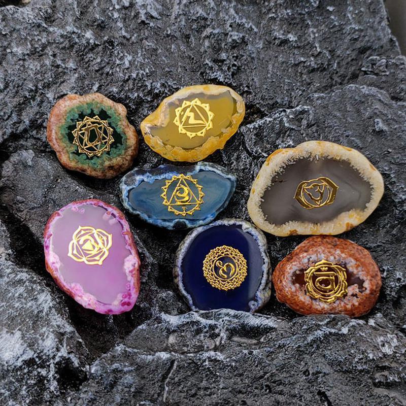 Dyed Slice Agate Chakra Set || Sanskrit and Sacred Geometry-Nature's Treasures