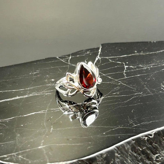 Faceted Garnet Lotus Flower Ring || .925 Sterling Silver-Nature's Treasures