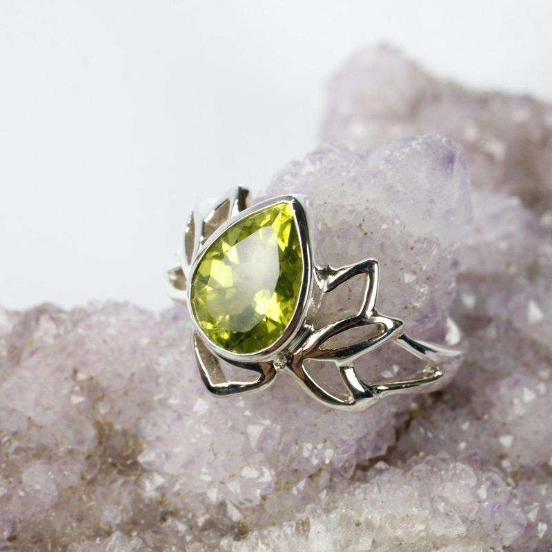 Faceted Lotus Peridot Ring || .925 Sterling Silver || Compassion-Nature's Treasures