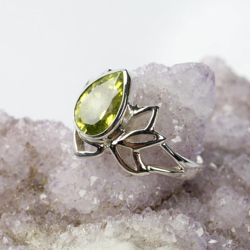 Faceted Lotus Peridot Ring || .925 Sterling Silver || Compassion-Nature's Treasures