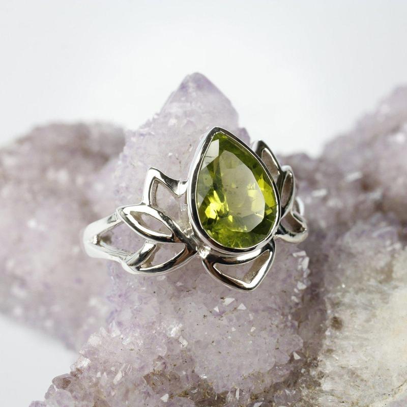 Faceted Lotus Peridot Ring || .925 Sterling Silver || Compassion-Nature's Treasures
